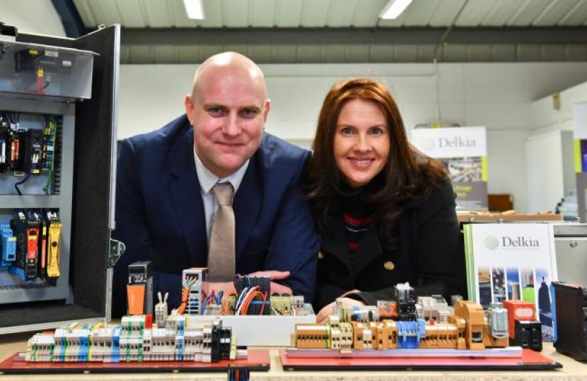 Kurt Canfield, managing director of Delkia, and Copeland MP Trudy Harrison celebrate the unveiling of Delkia's new premises in Egremont