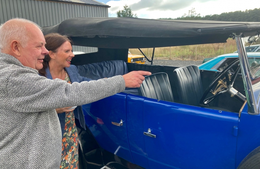 Club member Peter Johnston shows Trudy his 1929 Vauxhall 20/60 R-type