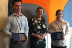 Trudy Harrison MP awards Nuvia apprentices Daniel Walsh and Victoria Derbyshire