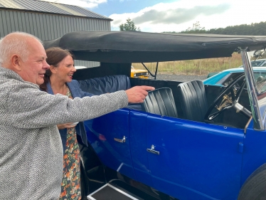 Club member Peter Johnston shows Trudy his 1929 Vauxhall 20/60 R-type