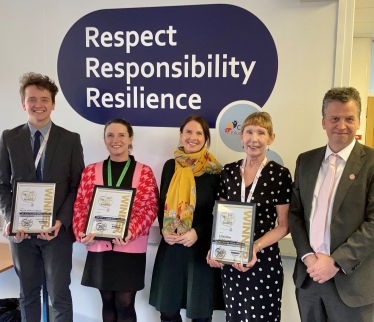 Trudy with Oliver Stewart, Dawn Burkinshaw, Beth Rothery and Headteacher Nigel Youngman